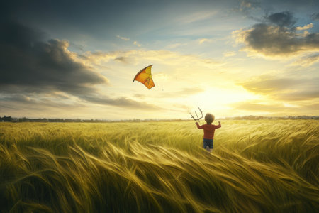 A child is joyfully flying a kite in a vast field, surrounded by golden grass during sunset.の写真素材
