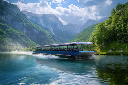 A modern boat glides across clear blue waters surrounded by majestic mountains and lush greenery.の写真素材