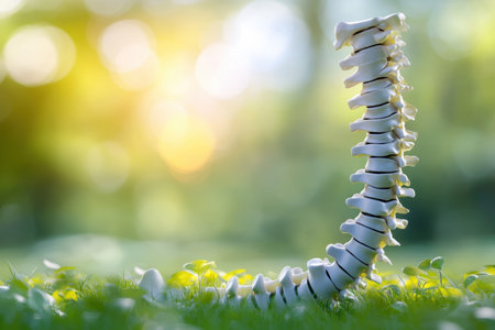 A human spine model is positioned upright on grass with sunlight filtering through trees in the background.の写真素材