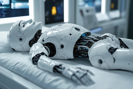 A humanoid robot lies inactive on a table in a modern laboratory, showing advanced technology.の写真素材