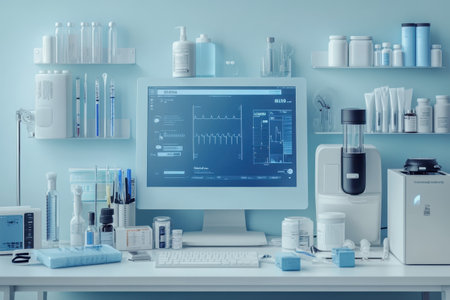 A well-organized lab area features a computer screen displaying data, various instruments, and supplies on shelves.の写真素材