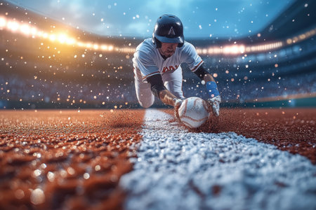 A dedicated baseball player stretches out to make a diving catch as rain falls during the evening game.の写真素材