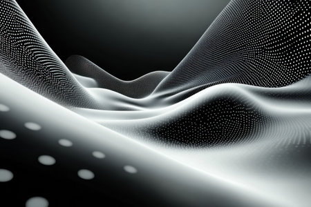 Intricate patterns of white dots flow smoothly over a dark background, resembling abstract waves of light.の写真素材