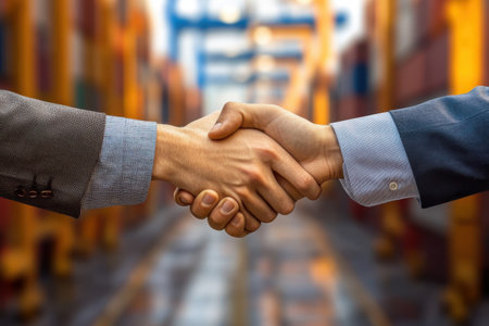 Two professionals shake hands to finalize a deal in a busy shipping yard filled with containers.の写真素材
