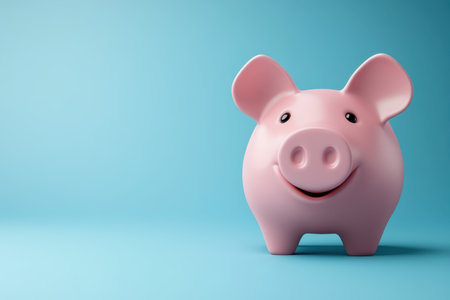 This cheerful pink piggy bank stands on a bright blue surface, representing savings and prosperity.の写真素材