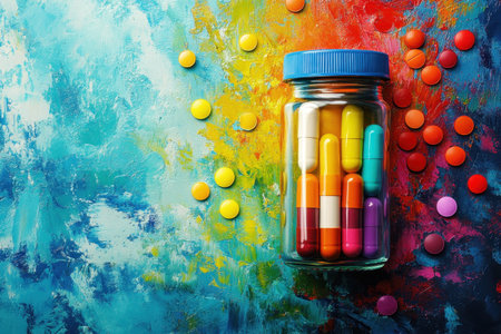 A glass jar filled with bright capsules sits on a colorful artistic surface with scattered pills around it.の写真素材