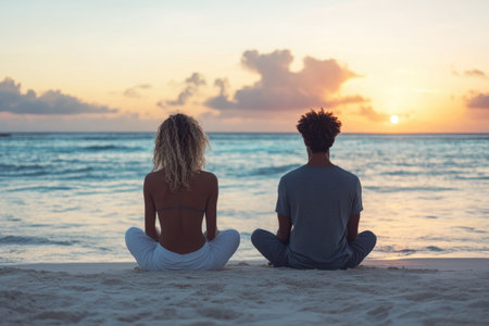 A couple sits cross-legged on the sand, meditating as the sun sets over the ocean waves.の写真素材