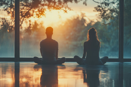 A couple sits cross-legged in meditation while watching a vibrant sunset through a window.の写真素材