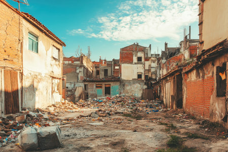 An empty lot filled with debris and rundown structures reflects urban decay in daylight.の写真素材