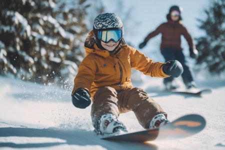 A child in bright winter gear skillfully snowboards down the slope with friends on a sunny day.の写真素材