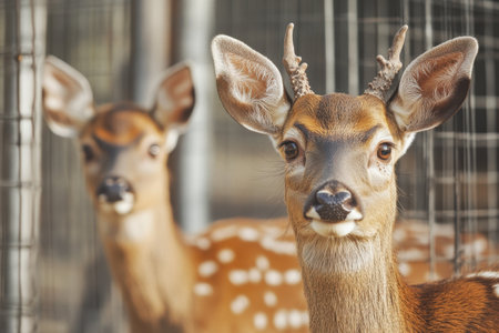 A young deer with antlers gazes towards the camera while another deer stands in the background.の写真素材