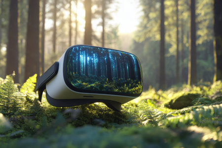 A virtual reality headset lies on the forest floor surrounded by ferns and illuminated by soft sunlight.の写真素材
