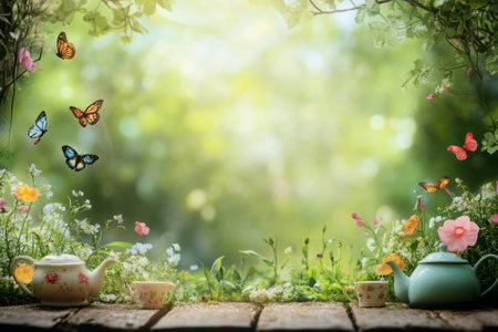 Brightly colored butterflies dance among vibrant flowers in a lush garden filled with soft sunlight.の写真素材