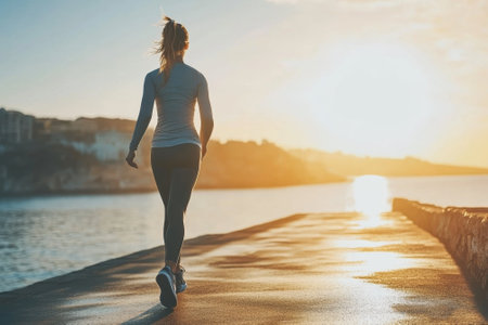 A jogger runs on a path by the water while the sun rises, creating a serene morning atmosphere.の写真素材