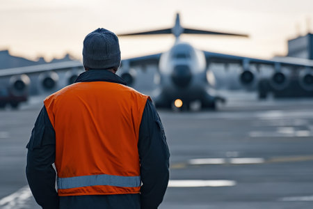 A worker in a reflective vest watches an airplane ready for takeoff at dawn on the airport runway.の写真素材