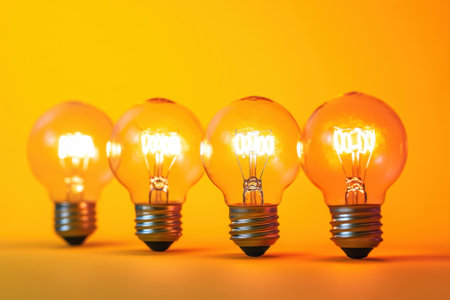 Four glowing light bulbs are arranged in a line, illuminating against a bright yellow backdrop.の写真素材