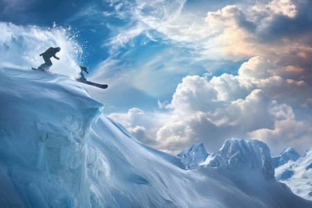 Two snowboarders glide down a snowy peak, surrounded by majestic mountains and a bright blue sky.の写真素材