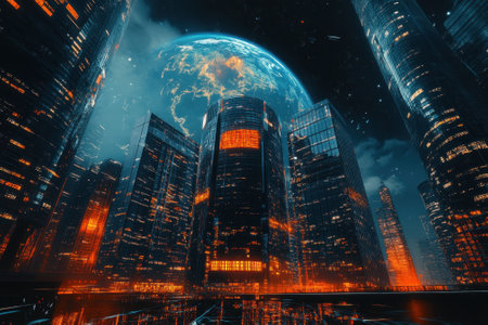 A vibrant city filled with tall skyscrapers illuminated by neon lights against a dark sky showing a large planet.の写真素材