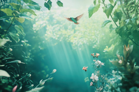 A bird glides gracefully above colorful flowers in a lush, enchanting forest illuminated by soft sunlight.の写真素材
