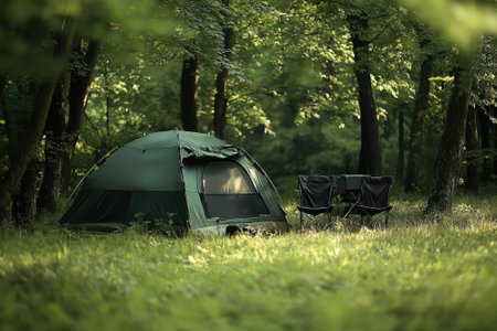 A green camping tent is pitched in a tranquil forest clearing, accompanied by two folding chairs under sunlight.の写真素材