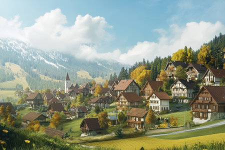 Charming mountain village showcases quaint wooden houses and vibrant fall colors under a blue sky.の写真素材