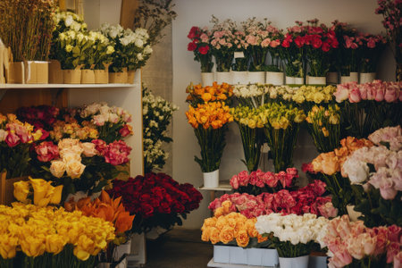 A flower shop showcases an assortment of roses in different colors, filling the store with beauty and fragrance.の写真素材