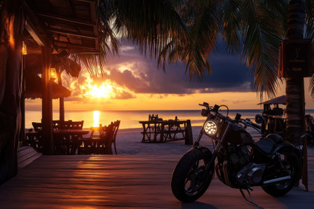 A motorcycle rests next to a beachside restaurant as the sunset casts vibrant colors over the water.の写真素材