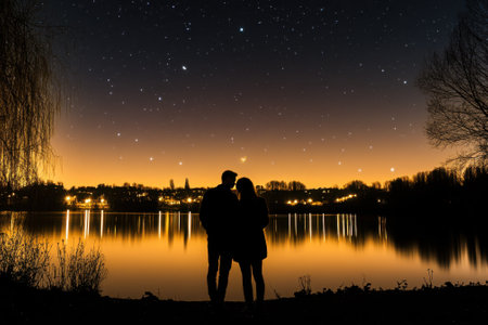 A couple stands close together at the shore of a tranquil lake, surrounded by stars and city lights at dusk.の写真素材