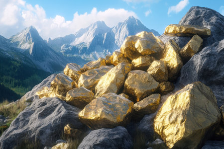 Golden boulders are scattered on a rocky slope with mountains and a clear blue sky providing a stunning backdrop.の写真素材