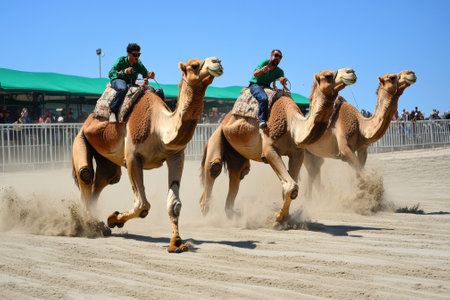 Competitive camel racing event showing riders in green shirts racing their camels on sand with spectators.の写真素材