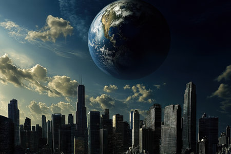 Skyscrapers rise against a twilight sky while a massive Earth looms overhead, casting shadows across the city.の写真素材