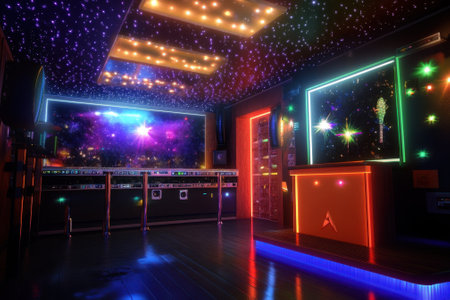 A contemporary entertainment room features colorful lights, a starry ceiling, and sleek furnishings for fun gatherings.の写真素材