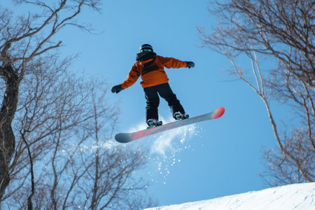 A snowboarder in an orange jacket leaps into the air, showcasing skills while surrounded by trees.の写真素材