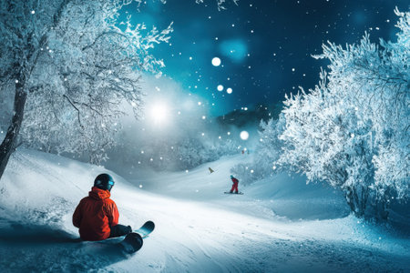 Two snowboarders glide down a snowy path surrounded by frosted trees during the night.の写真素材