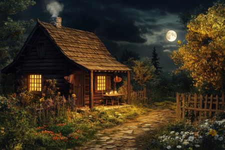 A rustic cabin glows warmly under a full moon, nestled among vibrant flowers and trees at night.の写真素材