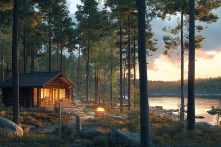 A wooden cabin sits near a serene lake, with a fire pit glowing as the sun sets behind the trees.の写真素材