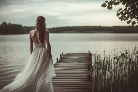 A bride in a flowing gown strolls along a wooden dock next to a tranquil lake under a cloudy sky.の写真素材