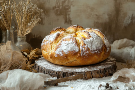 A freshly baked bread loaf rests on a wooden board, accompanied by dried flowers and rustic decor elements.の写真素材