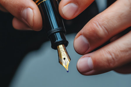 A hand holds a fountain pen with a visible nib, prepared for writing, against a blurred background.の写真素材