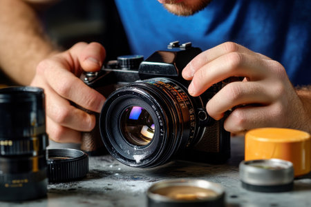A person is fine-tuning a camera lens in a workshop filled with photography equipment and tools.の写真素材