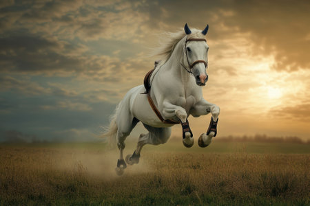 A stunning white horse leaps elegantly across a grassy field as the sun sets, casting a warm glow.の写真素材