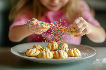 A young girl joyfully sprinkles colorful decorations on freshly baked cookies, creating a delightful treat.の写真素材