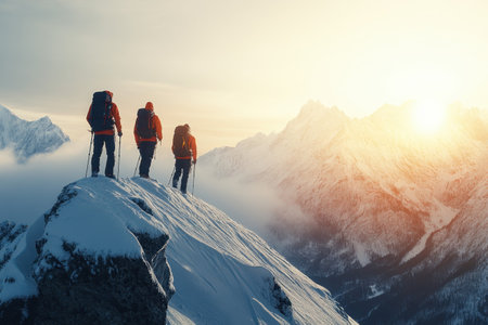 Climbers dressed in bright jackets gaze at the stunning sunrise from a snowy mountaintop.の写真素材