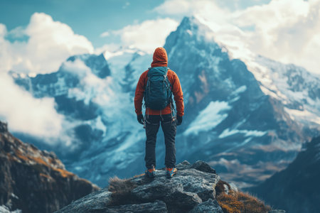 A hiker wearing an orange jacket stands on a rocky ledge, gazing at majestic snow-capped mountains.の写真素材