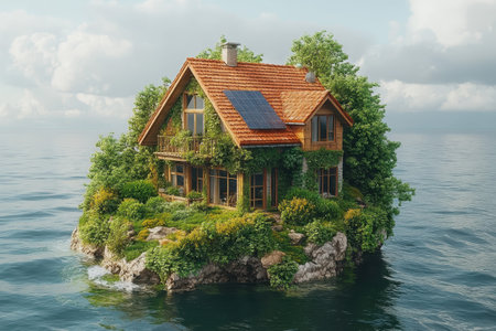 A cozy wooden house sits on a secluded island, embraced by greenery and surrounded by tranquil waters.の写真素材