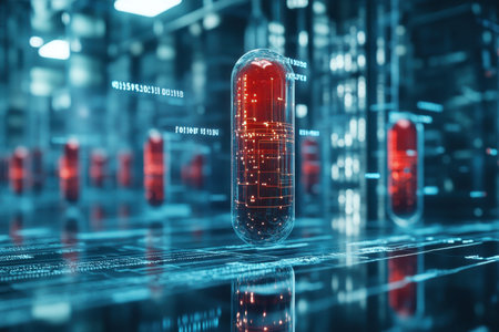 A red capsule is floating in a high-tech lab surrounded by glowing data streams and digital patterns.の写真素材