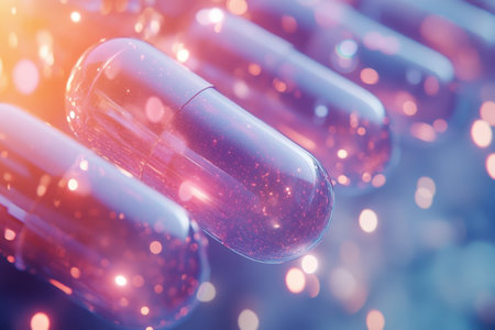 Various colorful capsules are suspended in an abstract setting filled with sparkling lights.の写真素材