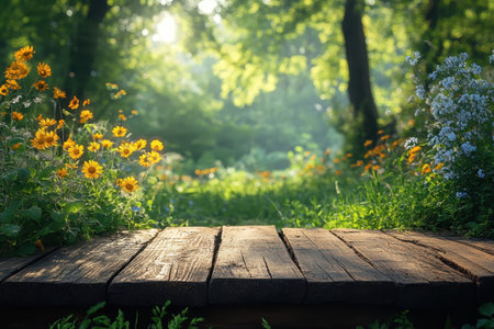 A rustic wooden path leads through a lush green forest filled with colorful blooming flowers.の写真素材