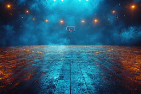 A basketball court features glowing lights and fog, creating an intense atmosphere for an evening game.の写真素材