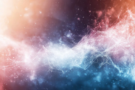 Vibrant swirling patterns illuminated by particles create a mesmerizing abstract visual at night.の写真素材